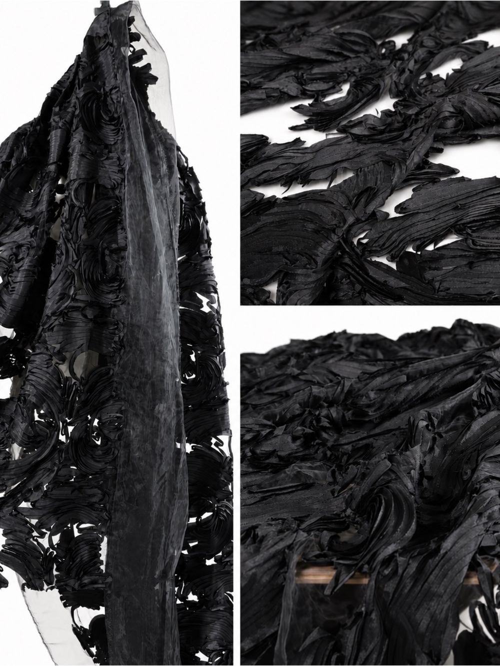 Black Textured 3D fabric on organza - 1.6 yards, 56” width (48”appliqué width)